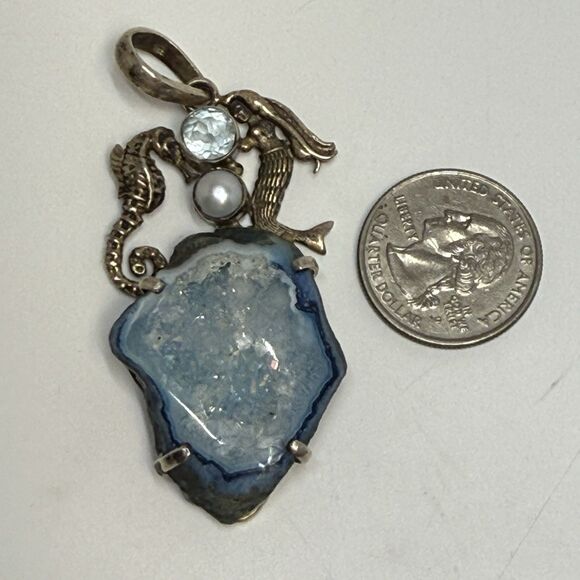 Sterling Silver Blue Agate Druzy Topaz Mermaid Seahorse Pendant Rare 20.63g - Picture 4 of 10